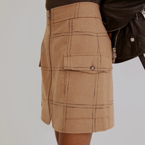 Madewell Zip-Front Wool Blend Mini Skirt Windowpane print Tan Size 8 Pockets - Picture 2 of 13